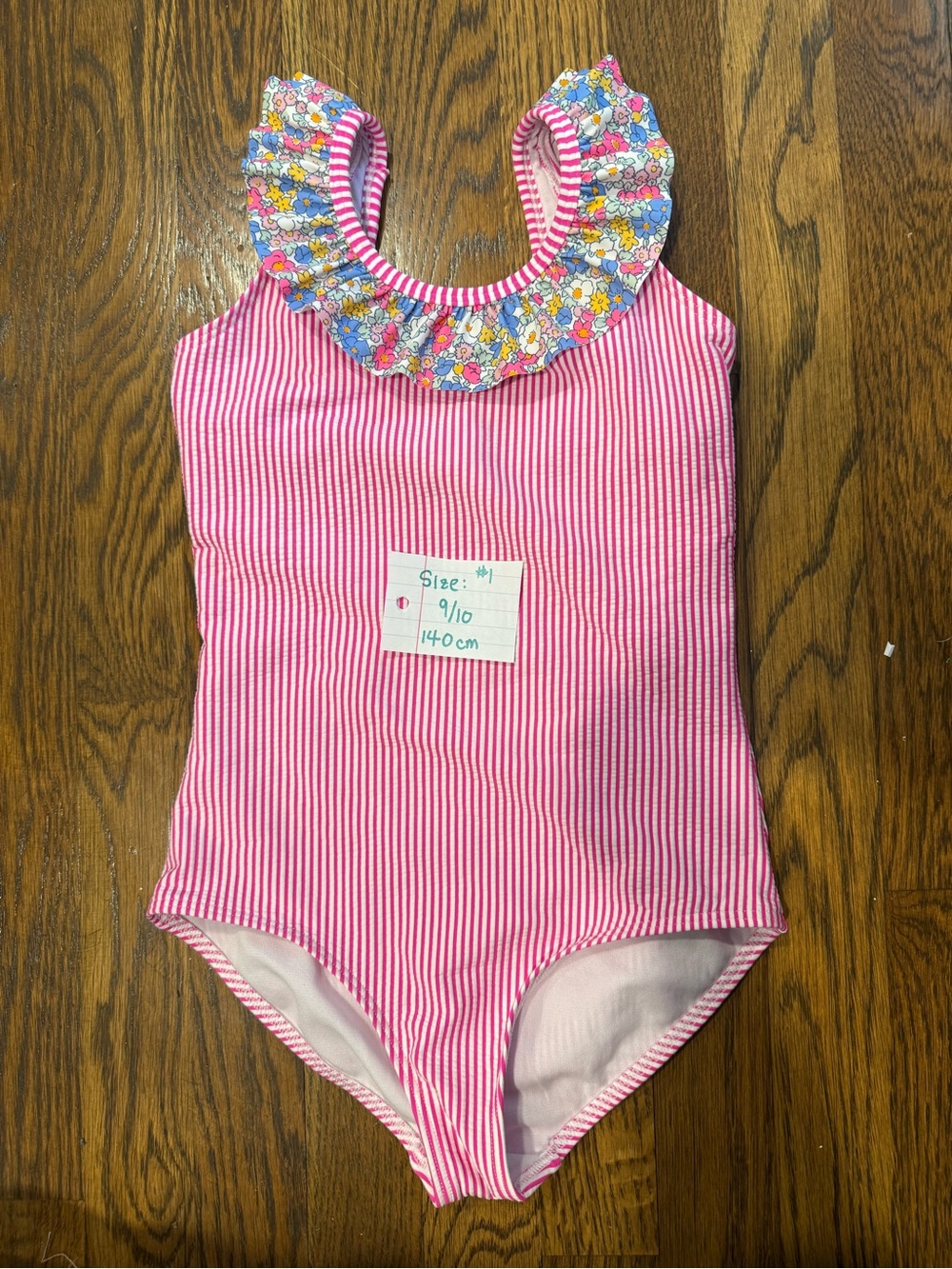 Mini Boden Pink and White Striped One-Piece Swimsuit with Floral Ruffle